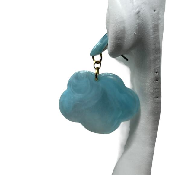 Vtg Aqua Blue Flower Drop Earring Post Back Gold Tone Marbled Acrylic Statement - Picture 5 of 8